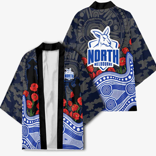 North Melbourne Kangaroos ANZAC Day Kimono Indigenous Dot Art with Poppy Flower Tribute