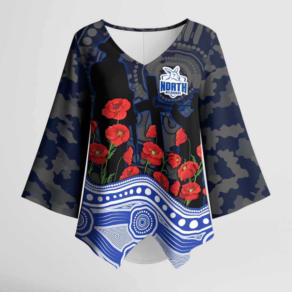 North Melbourne Kangaroos ANZAC Day Kimono Sleeve Blouse Indigenous Dot Art with Poppy Flower Tribute