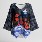 North Melbourne Kangaroos ANZAC Day Kimono Sleeve Blouse Indigenous Dot Art with Poppy Flower Tribute