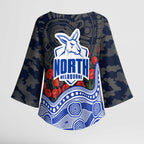 North Melbourne Kangaroos ANZAC Day Kimono Sleeve Blouse Indigenous Dot Art with Poppy Flower Tribute