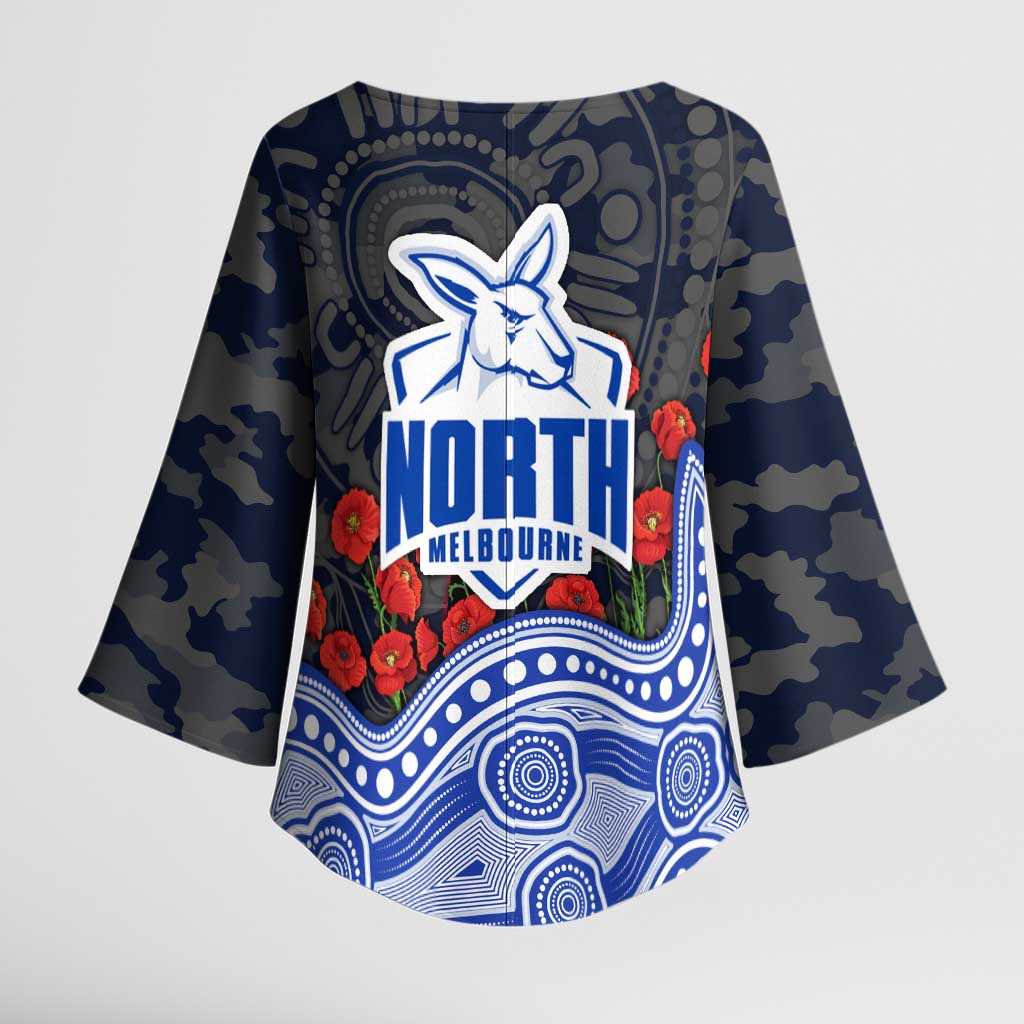 North Melbourne Kangaroos ANZAC Day Kimono Sleeve Blouse Indigenous Dot Art with Poppy Flower Tribute