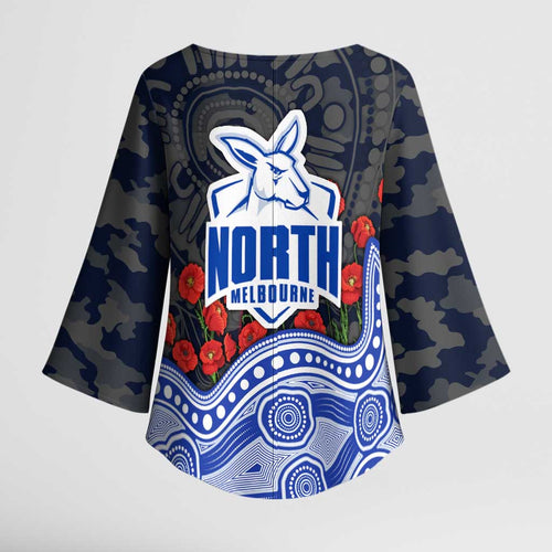 North Melbourne Kangaroos ANZAC Day Kimono Sleeve Blouse Indigenous Dot Art with Poppy Flower Tribute