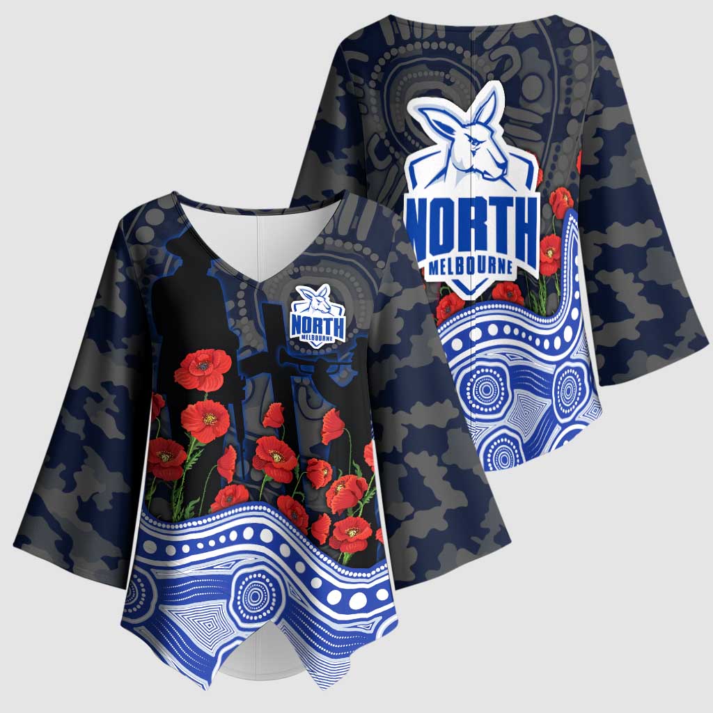 North Melbourne Kangaroos ANZAC Day Kimono Sleeve Blouse Indigenous Dot Art with Poppy Flower Tribute