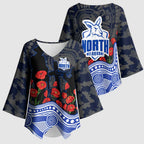 North Melbourne Kangaroos ANZAC Day Kimono Sleeve Blouse Indigenous Dot Art with Poppy Flower Tribute