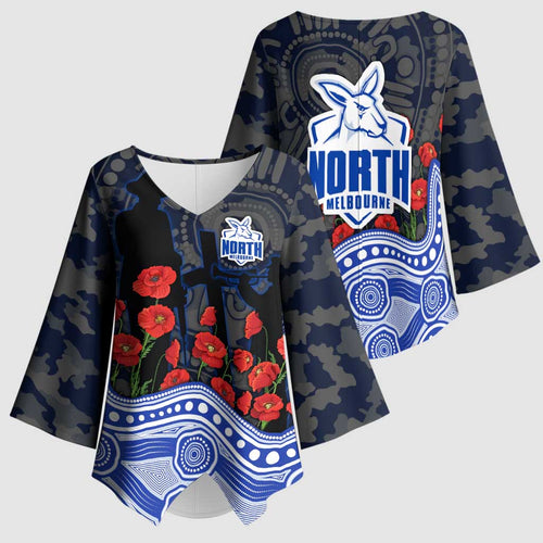 North Melbourne Kangaroos ANZAC Day Kimono Sleeve Blouse Indigenous Dot Art with Poppy Flower Tribute
