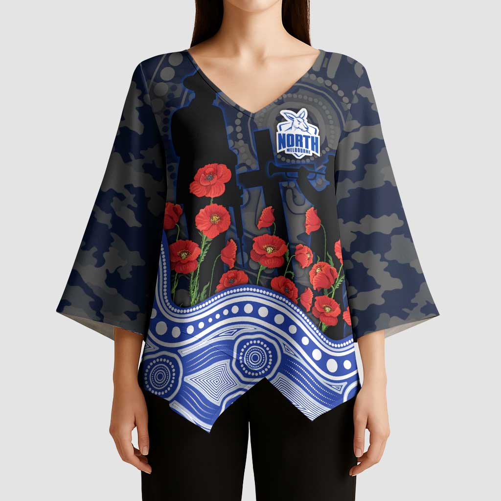 North Melbourne Kangaroos ANZAC Day Kimono Sleeve Blouse Indigenous Dot Art with Poppy Flower Tribute