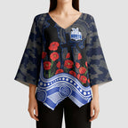 North Melbourne Kangaroos ANZAC Day Kimono Sleeve Blouse Indigenous Dot Art with Poppy Flower Tribute