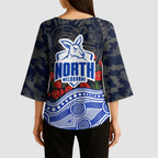 North Melbourne Kangaroos ANZAC Day Kimono Sleeve Blouse Indigenous Dot Art with Poppy Flower Tribute
