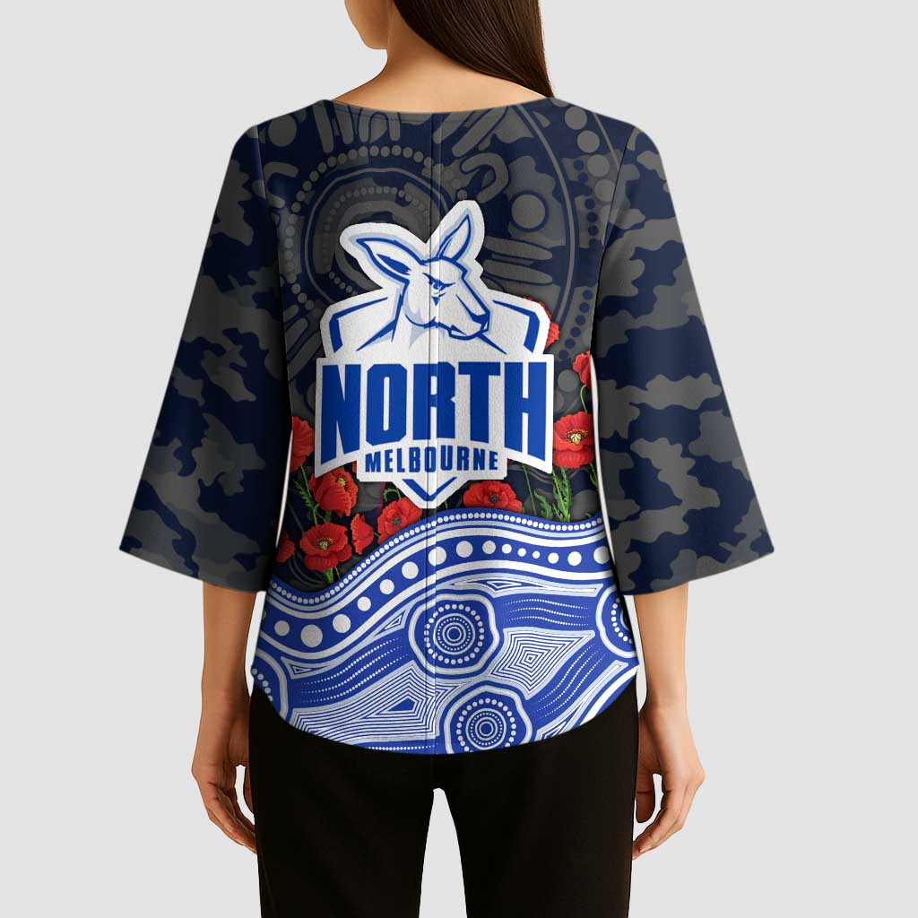 North Melbourne Kangaroos ANZAC Day Kimono Sleeve Blouse Indigenous Dot Art with Poppy Flower Tribute
