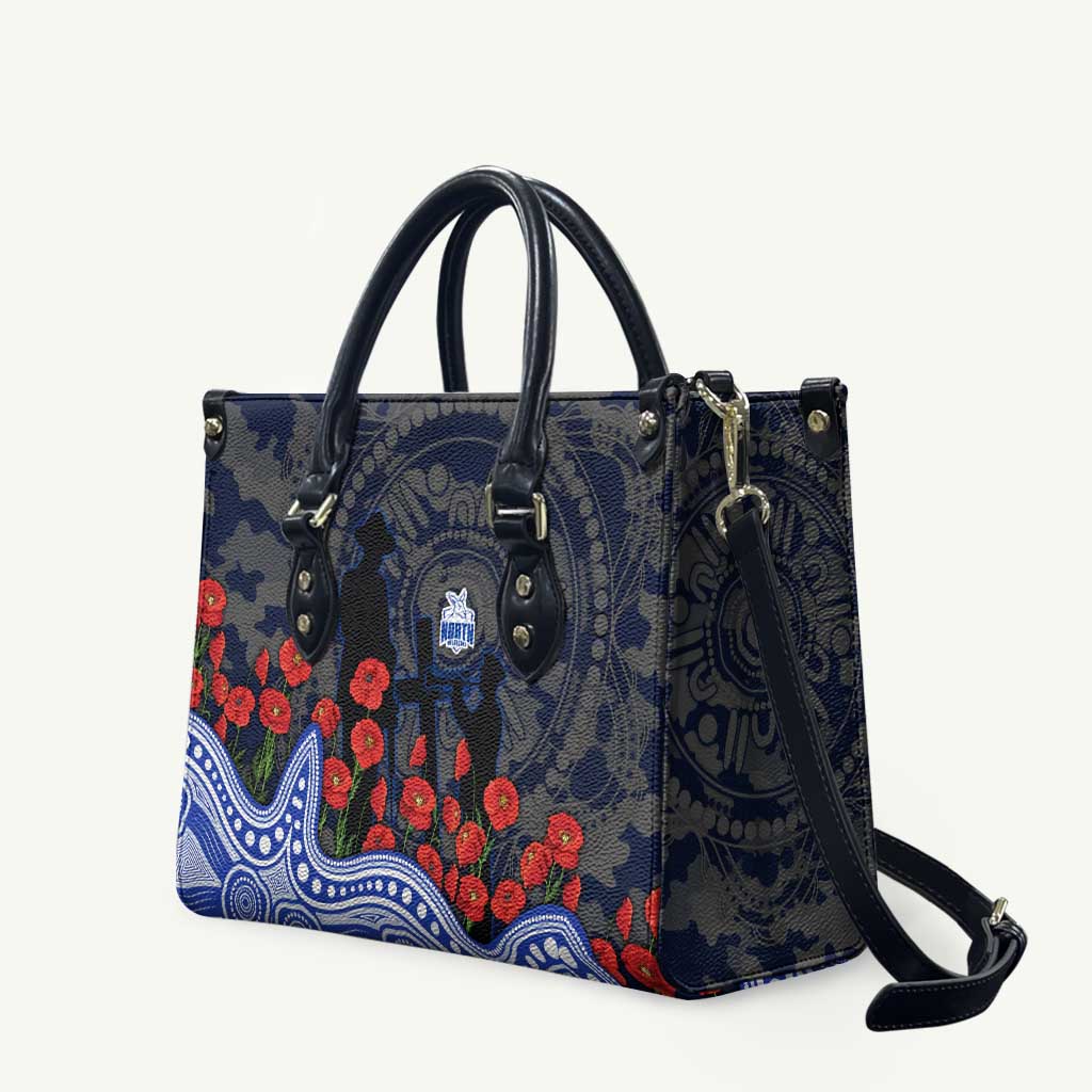 North Melbourne Kangaroos ANZAC Day Leather Bag Indigenous Dot Art with Poppy Flower Tribute