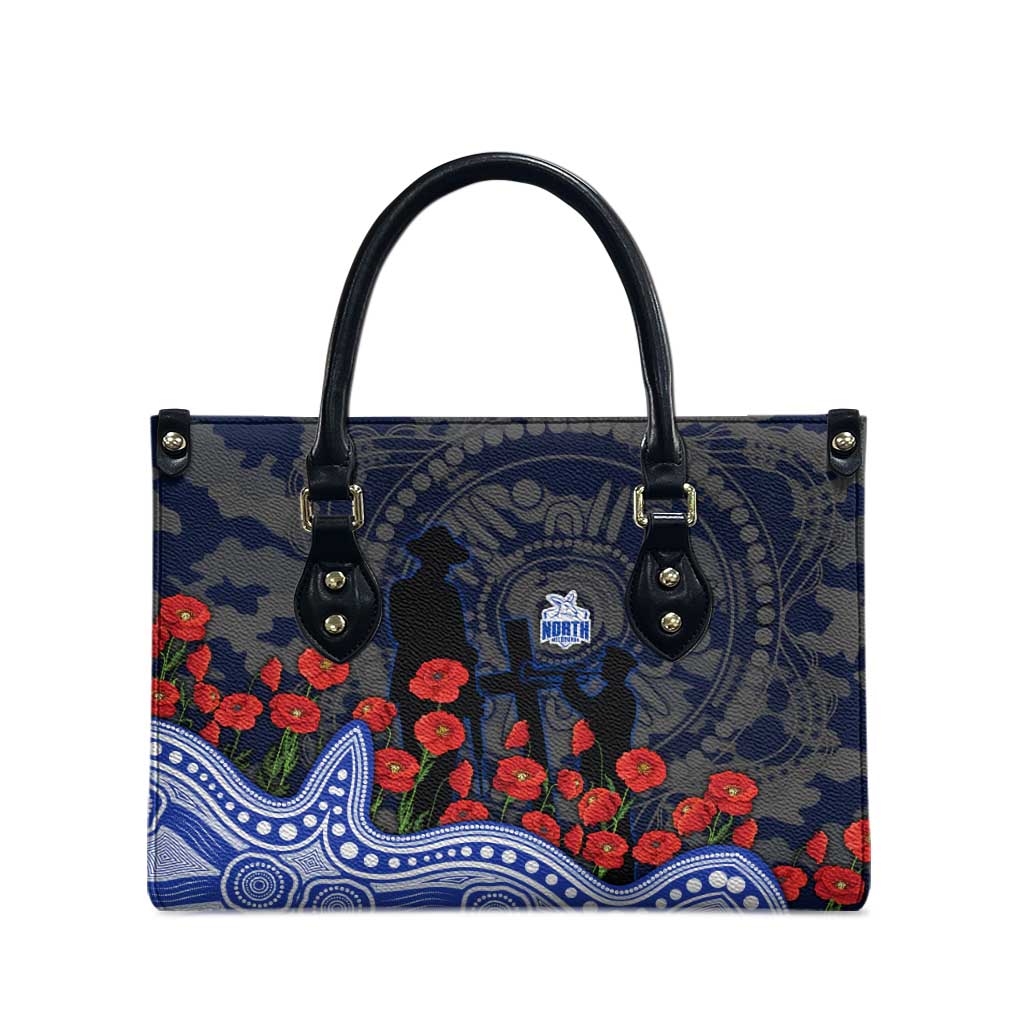 North Melbourne Kangaroos ANZAC Day Leather Bag Indigenous Dot Art with Poppy Flower Tribute