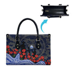 North Melbourne Kangaroos ANZAC Day Leather Bag Indigenous Dot Art with Poppy Flower Tribute