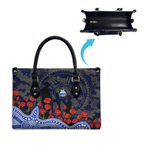 North Melbourne Kangaroos ANZAC Day Leather Bag Indigenous Dot Art with Poppy Flower Tribute