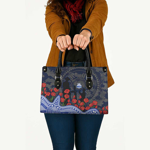 North Melbourne Kangaroos ANZAC Day Leather Bag Indigenous Dot Art with Poppy Flower Tribute