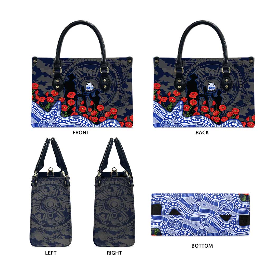 North Melbourne Kangaroos ANZAC Day Leather Bag Indigenous Dot Art with Poppy Flower Tribute