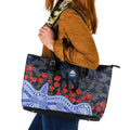North Melbourne Kangaroos ANZAC Day Leather Tote Bag Indigenous Dot Art with Poppy Flower Tribute