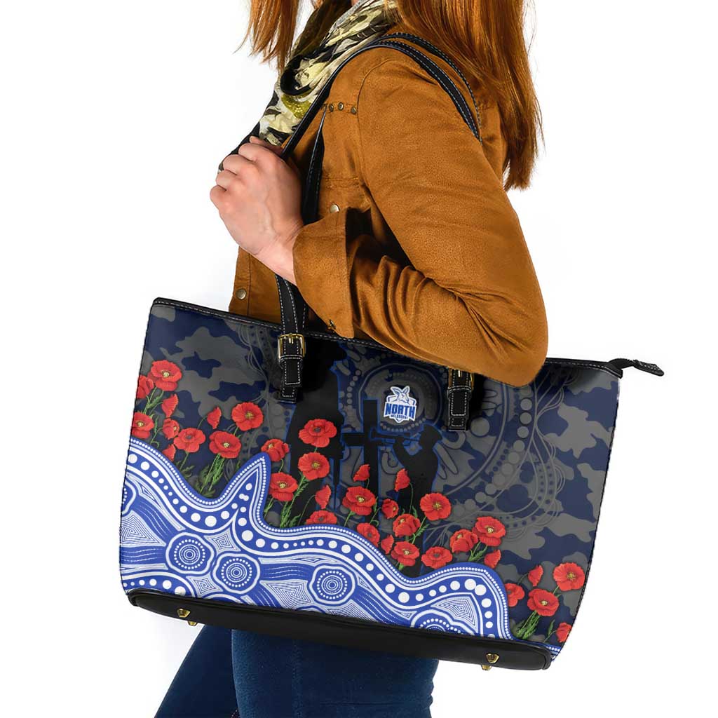 North Melbourne Kangaroos ANZAC Day Leather Tote Bag Indigenous Dot Art with Poppy Flower Tribute