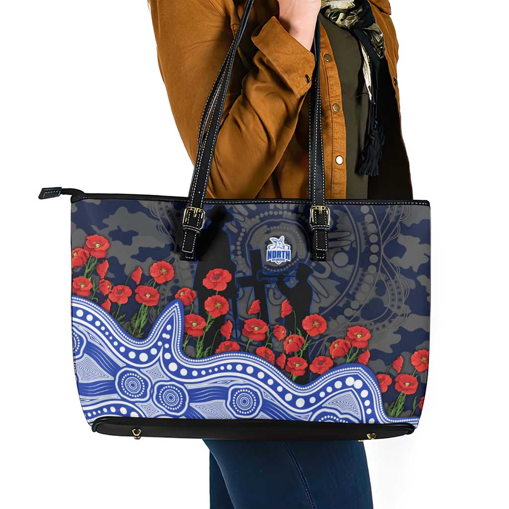North Melbourne Kangaroos ANZAC Day Leather Tote Bag Indigenous Dot Art with Poppy Flower Tribute