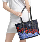 North Melbourne Kangaroos ANZAC Day Leather Tote Bag Indigenous Dot Art with Poppy Flower Tribute