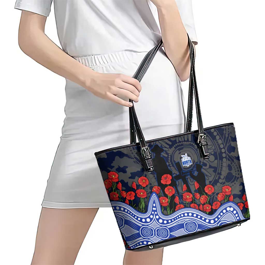 North Melbourne Kangaroos ANZAC Day Leather Tote Bag Indigenous Dot Art with Poppy Flower Tribute
