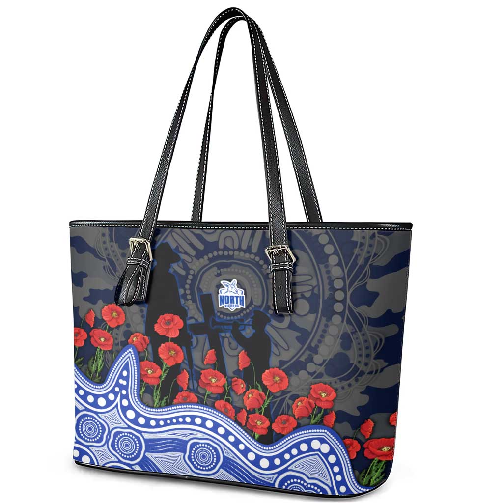 North Melbourne Kangaroos ANZAC Day Leather Tote Bag Indigenous Dot Art with Poppy Flower Tribute