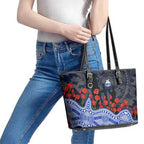 North Melbourne Kangaroos ANZAC Day Leather Tote Bag Indigenous Dot Art with Poppy Flower Tribute