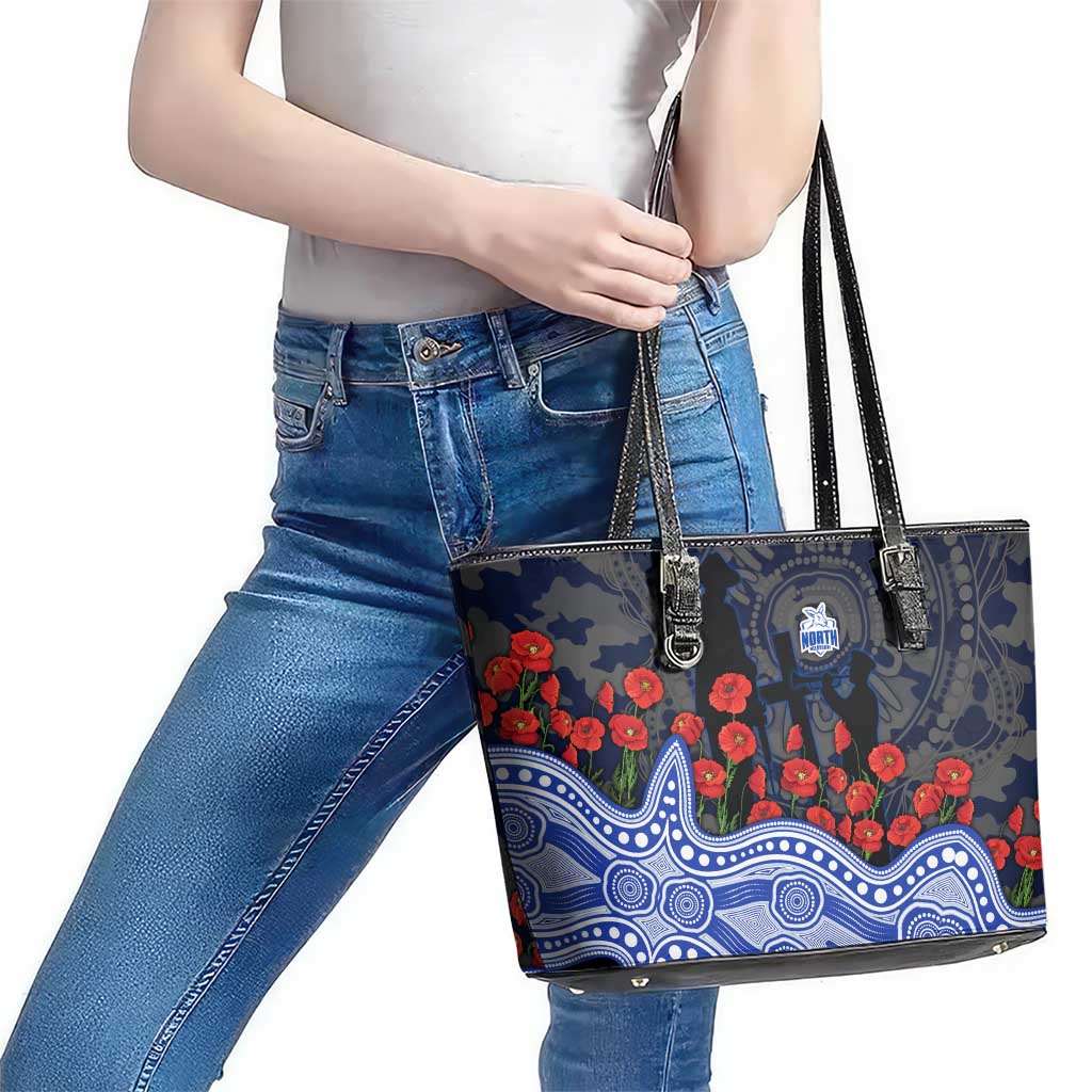 North Melbourne Kangaroos ANZAC Day Leather Tote Bag Indigenous Dot Art with Poppy Flower Tribute