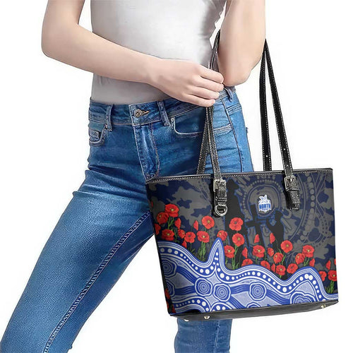 North Melbourne Kangaroos ANZAC Day Leather Tote Bag Indigenous Dot Art with Poppy Flower Tribute