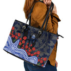 North Melbourne Kangaroos ANZAC Day Leather Tote Bag Indigenous Dot Art with Poppy Flower Tribute