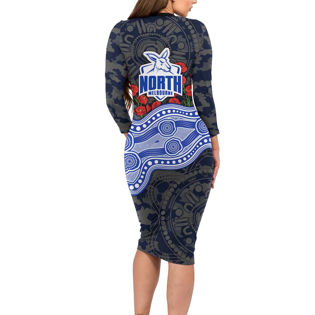 North Melbourne Kangaroos ANZAC Day Long Sleeve Bodycon Dress Indigenous Dot Art with Poppy Flower Tribute