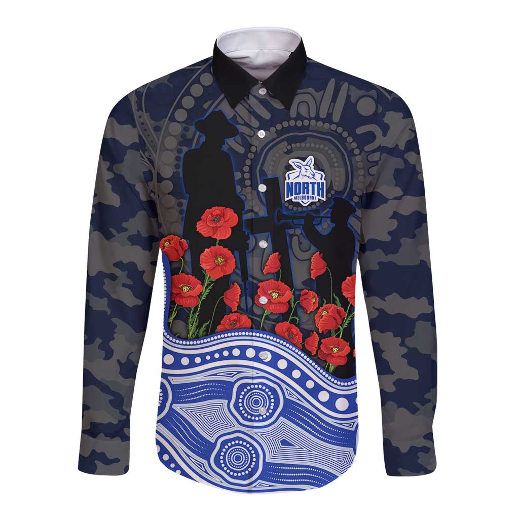 North Melbourne Kangaroos ANZAC Day Long Sleeve Button Shirt Indigenous Dot Art with Poppy Flower Tribute