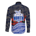 North Melbourne Kangaroos ANZAC Day Long Sleeve Button Shirt Indigenous Dot Art with Poppy Flower Tribute
