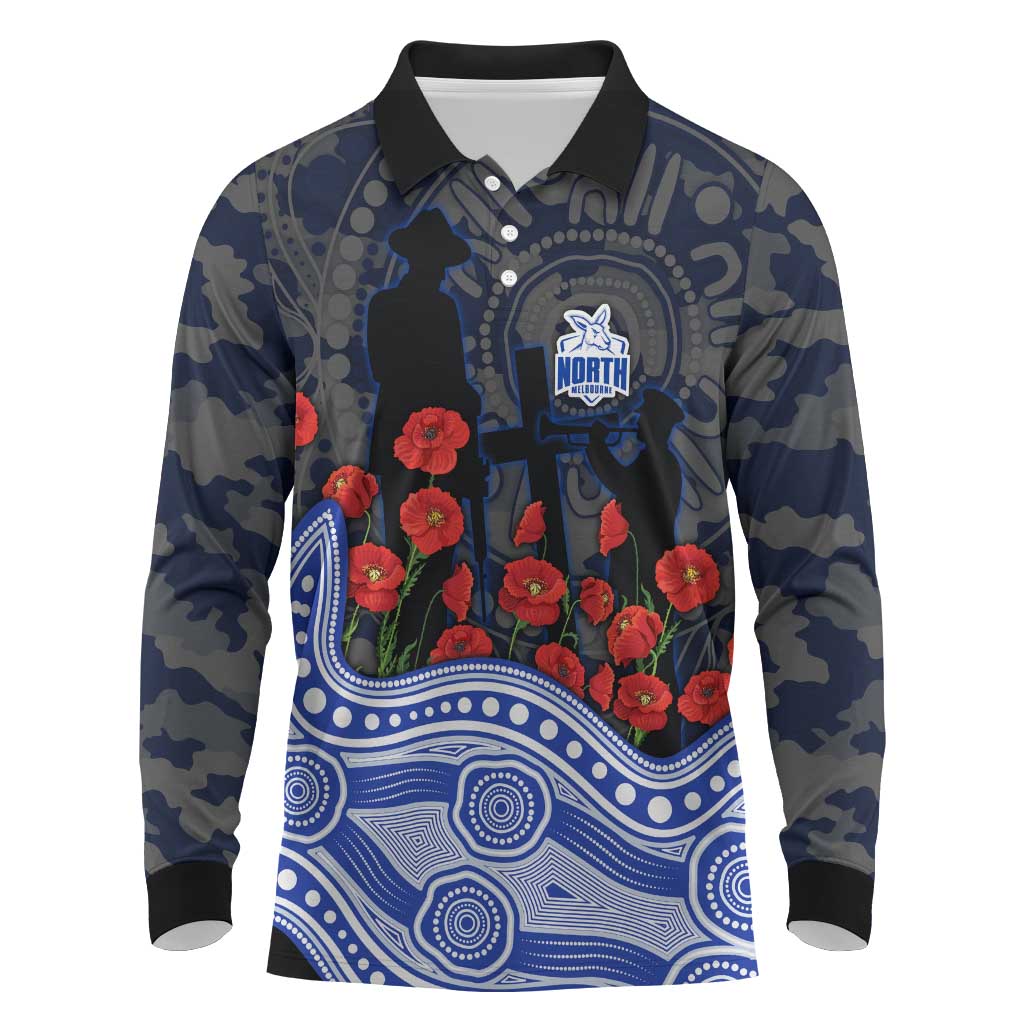 North Melbourne Kangaroos ANZAC Day Long Sleeve Polo Shirt Indigenous Dot Art with Poppy Flower Tribute
