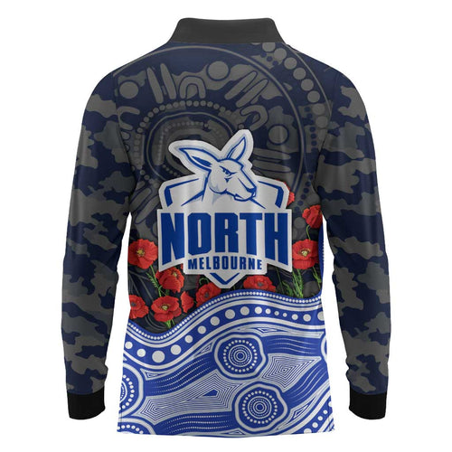 North Melbourne Kangaroos ANZAC Day Long Sleeve Polo Shirt Indigenous Dot Art with Poppy Flower Tribute