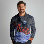 North Melbourne Kangaroos ANZAC Day Long Sleeve Polo Shirt Indigenous Dot Art with Poppy Flower Tribute