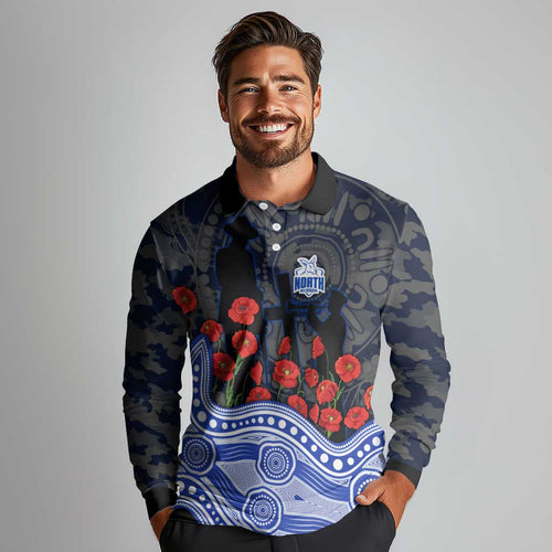 North Melbourne Kangaroos ANZAC Day Long Sleeve Polo Shirt Indigenous Dot Art with Poppy Flower Tribute