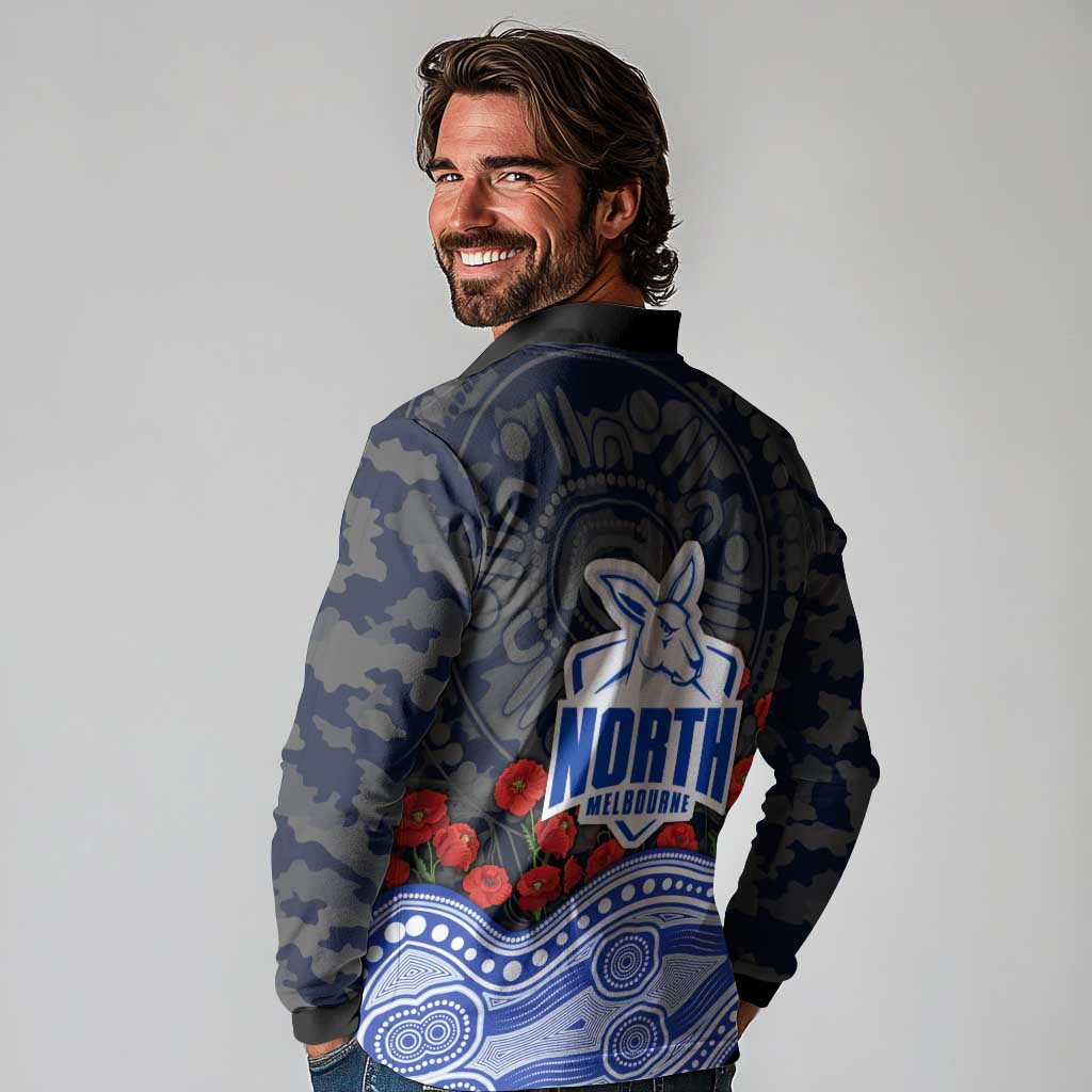 North Melbourne Kangaroos ANZAC Day Long Sleeve Polo Shirt Indigenous Dot Art with Poppy Flower Tribute