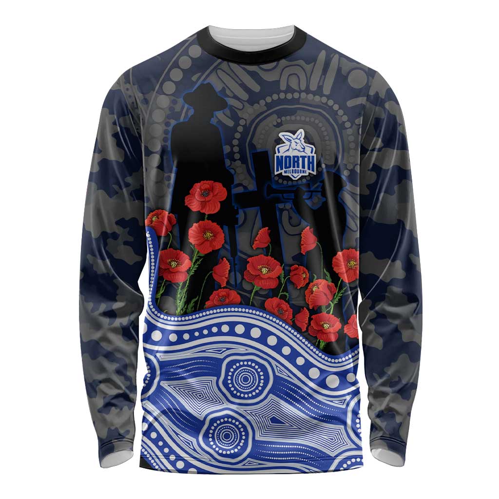North Melbourne Kangaroos ANZAC Day Long Sleeve Shirt Indigenous Dot Art with Poppy Flower Tribute