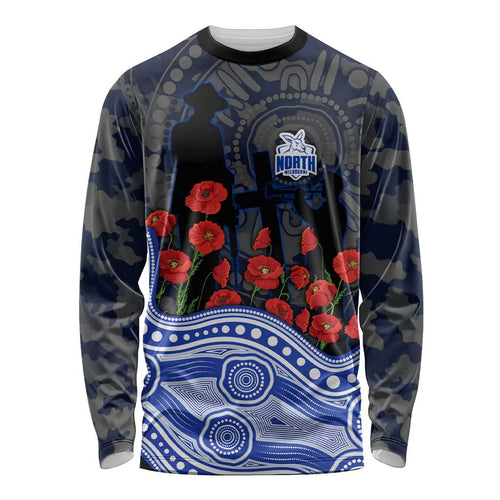 North Melbourne Kangaroos ANZAC Day Long Sleeve Shirt Indigenous Dot Art with Poppy Flower Tribute