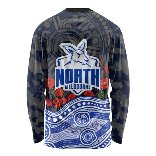 North Melbourne Kangaroos ANZAC Day Long Sleeve Shirt Indigenous Dot Art with Poppy Flower Tribute