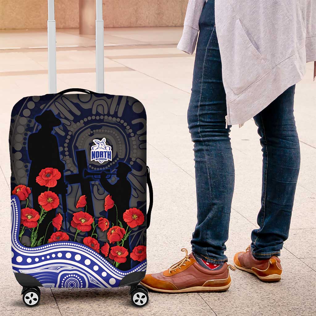 North Melbourne Kangaroos ANZAC Day Luggage Cover Indigenous Dot Art with Poppy Flower Tribute