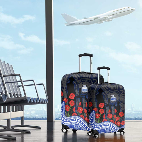 North Melbourne Kangaroos ANZAC Day Luggage Cover Indigenous Dot Art with Poppy Flower Tribute