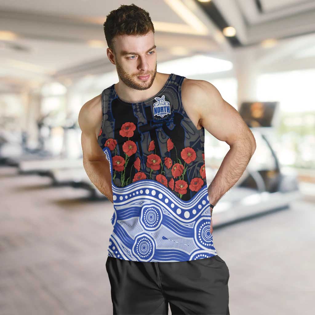 North Melbourne Kangaroos ANZAC Day Men Tank Top Indigenous Dot Art with Poppy Flower Tribute