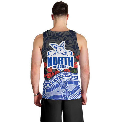 North Melbourne Kangaroos ANZAC Day Men Tank Top Indigenous Dot Art with Poppy Flower Tribute