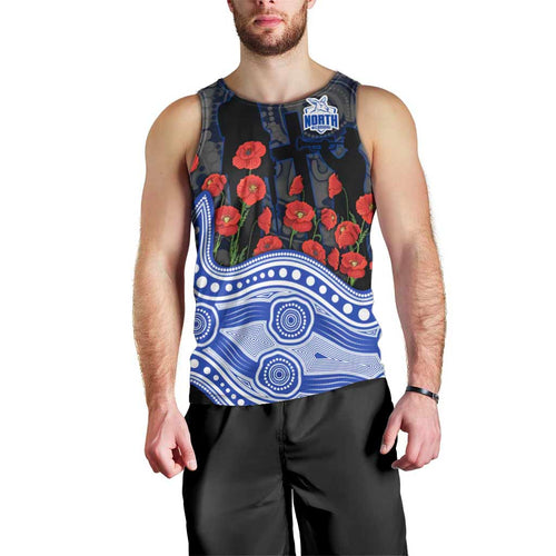 North Melbourne Kangaroos ANZAC Day Men Tank Top Indigenous Dot Art with Poppy Flower Tribute