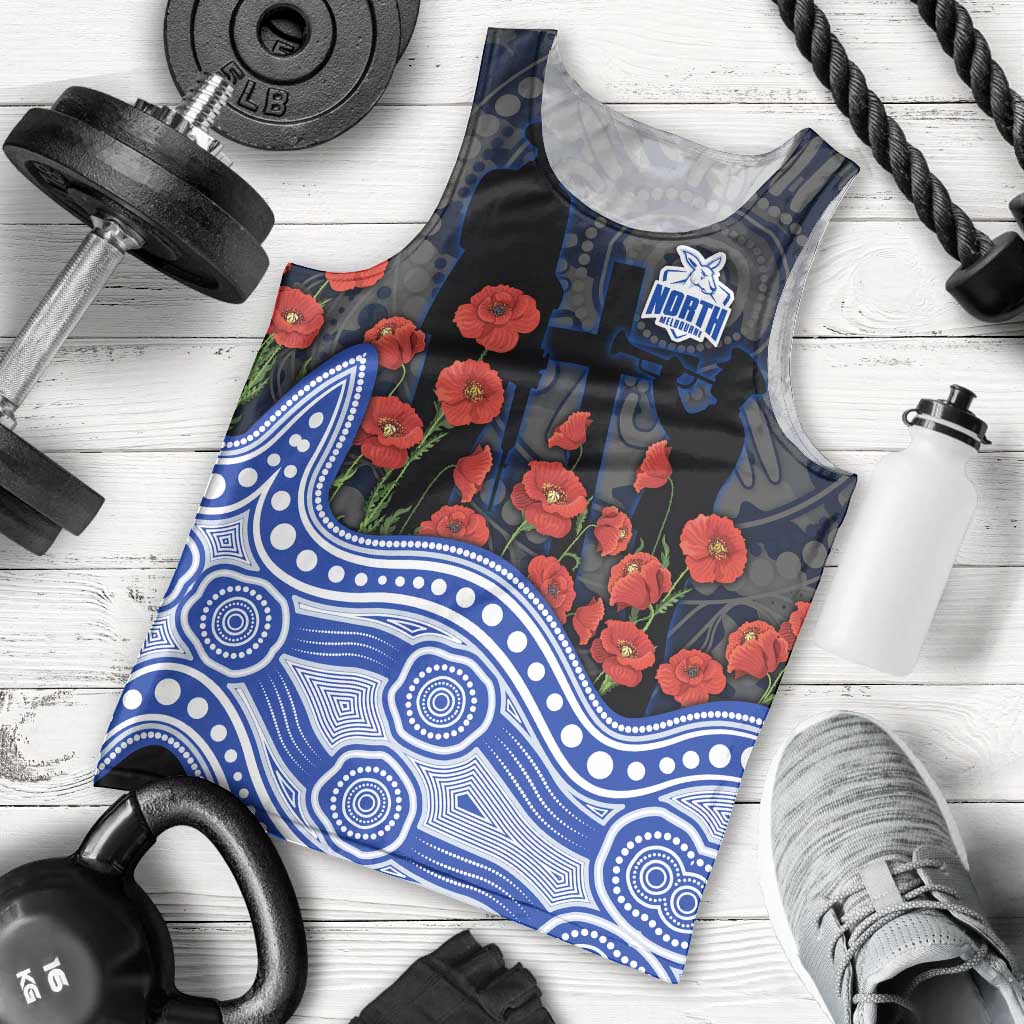 North Melbourne Kangaroos ANZAC Day Men Tank Top Indigenous Dot Art with Poppy Flower Tribute