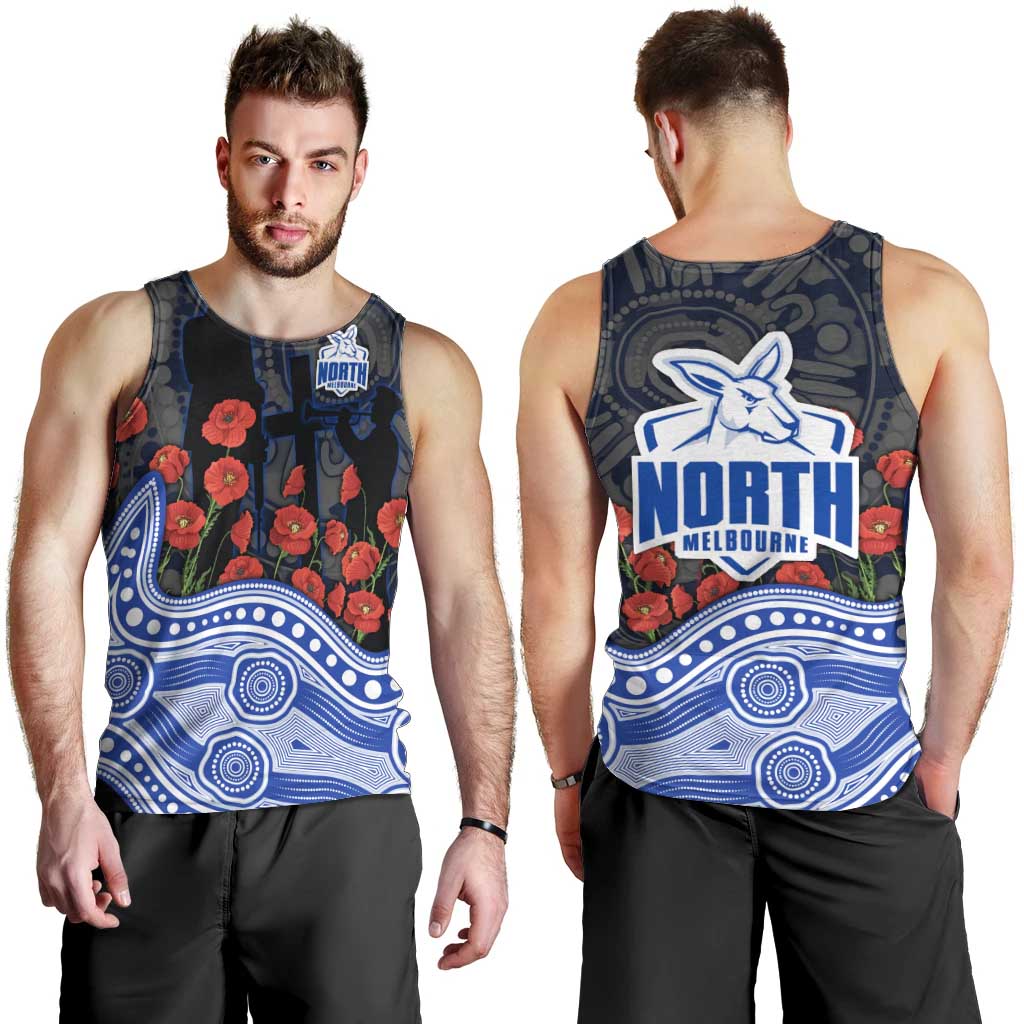 North Melbourne Kangaroos ANZAC Day Men Tank Top Indigenous Dot Art with Poppy Flower Tribute