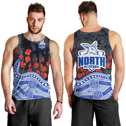 North Melbourne Kangaroos ANZAC Day Men Tank Top Indigenous Dot Art with Poppy Flower Tribute