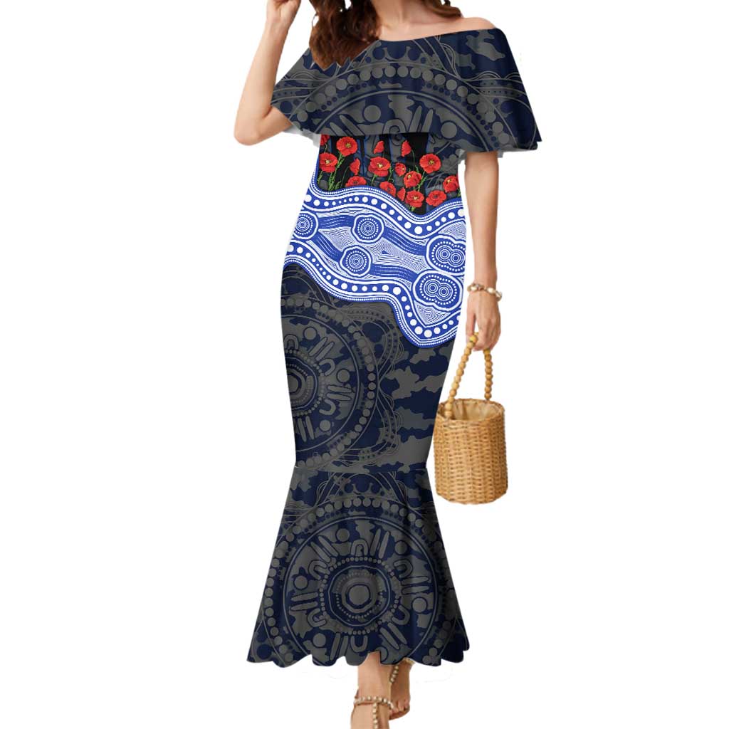 North Melbourne Kangaroos ANZAC Day Mermaid Dress Indigenous Dot Art with Poppy Flower Tribute