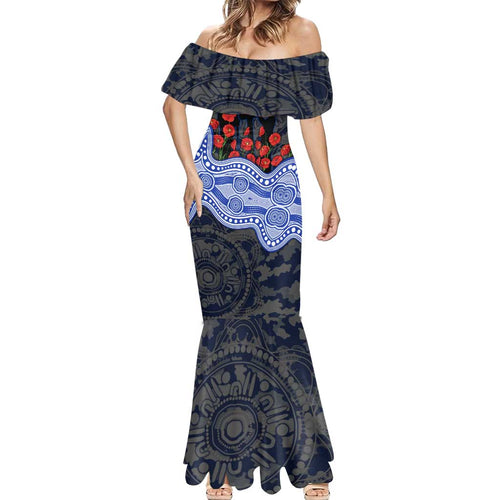 North Melbourne Kangaroos ANZAC Day Mermaid Dress Indigenous Dot Art with Poppy Flower Tribute